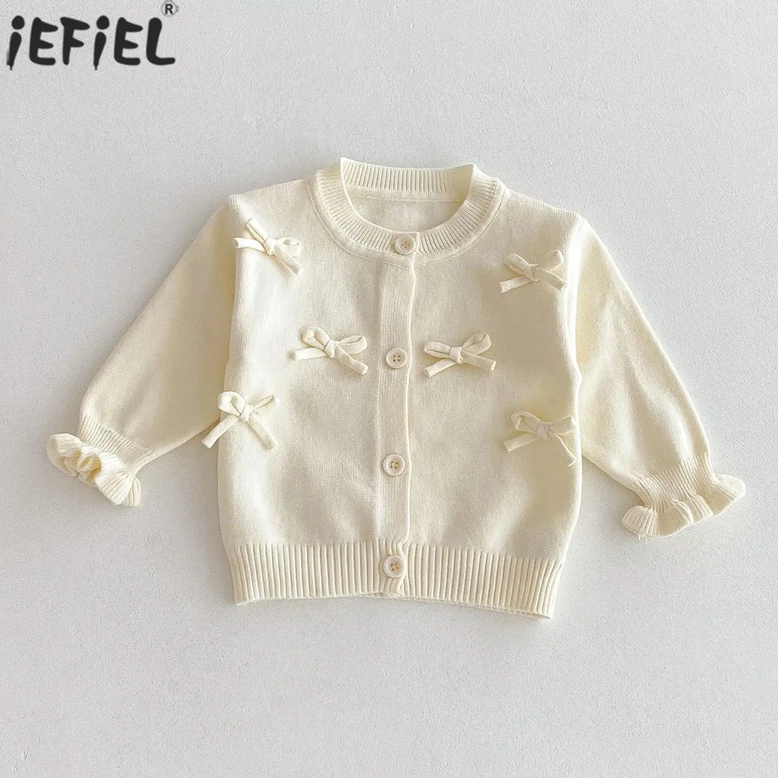 

Милый кардиган с бантиками для маленьких девочек, свитер с рюшами на манжетах и длинными рукавами, вязаная верхняя одежда на пуговицах, топы, весенне-осенняя одежда