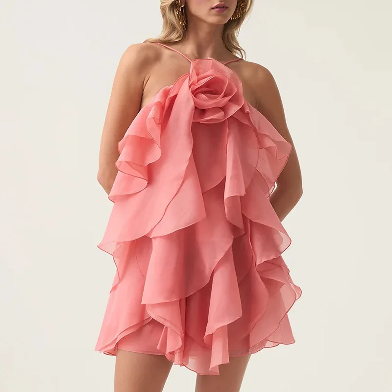 

Elegant High-Grade Skirt2025Summer New Halter Three-Dimensional Flower Design Lace-up Sleeveless Dress