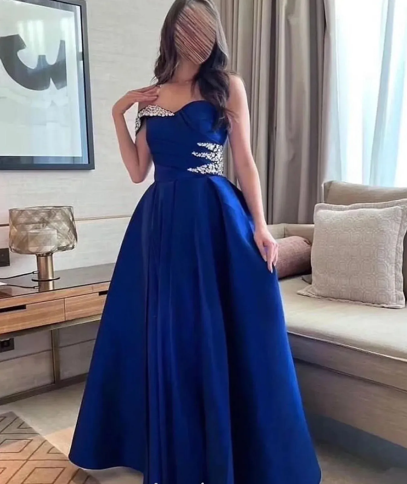 

2025 Royal Blue A Line Formal Evening Dress One Shoulder Beads Sequins Satin Prom Pageant Party Gowns Robe De Soiree