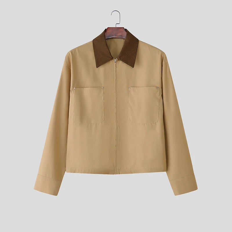 

INCERUN мужские куртки в стиле пэчворк с лацканами и длинным рукавом на молнии, повседневные мужские пальто с карманами, уличная модная верхняя одежда для отдыха, мужская S-5XL