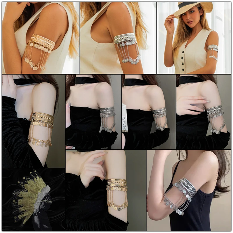 

Vintage Adjustable Open Arm Bangles Armband Ornaments Coins Pendants Layered Chains Arm Bracelets Women Dance Armlet Accessories