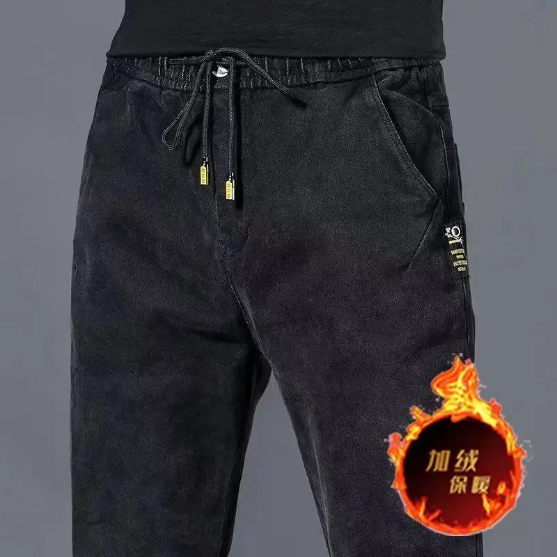 男性用 Thiened Fce 裏地付き耐摩耗性作業用ジーンズ 建設作業員向け 冬用 ロングストレートレッグパンツ