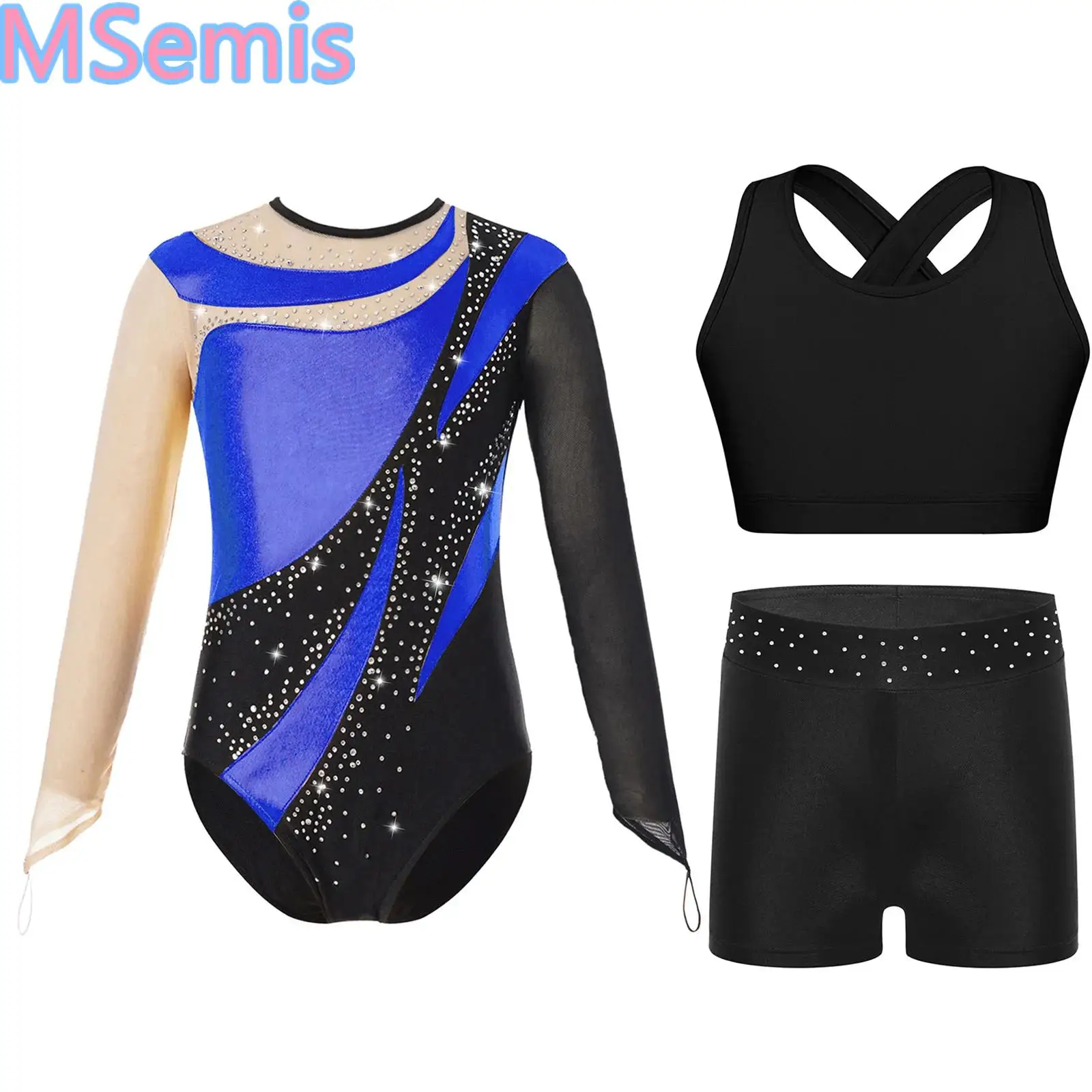 

Kids Girls Ballet Dance Outfit Mesh Long Sleeve Contrast Color Metallic Leotard with Cross Back Vest And Waistband Shorts