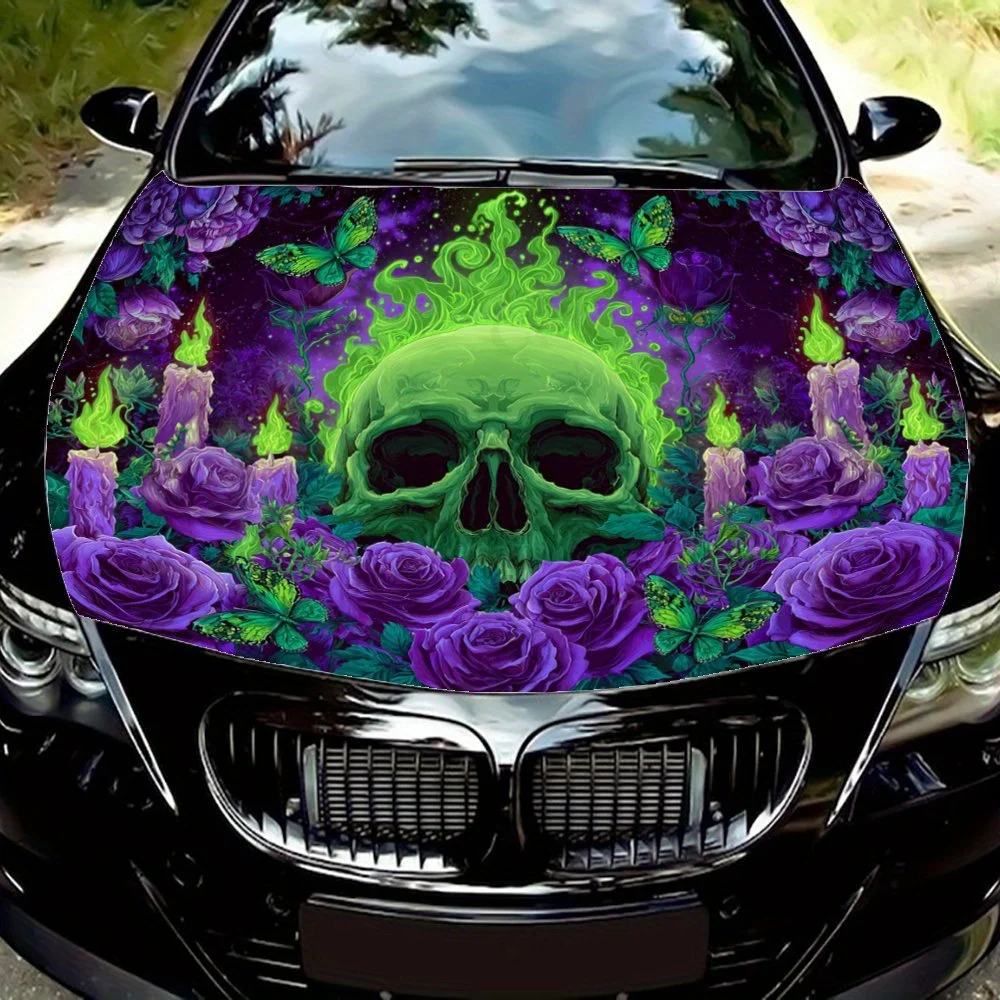 

Green Candle&Green Flame Skull Car Hood Wrap - Waterproof PVC, Self-Adhesive Vinyl Decal For Engine Cover, Universal Fit, Enhanc
