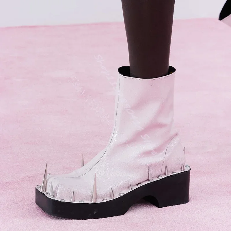 

Spikes Decor White Square Toe Runway Boots Slip On Women Shoes Chunky High Heels Fashion Party Banquet 2025 Zapatos Para Mujere