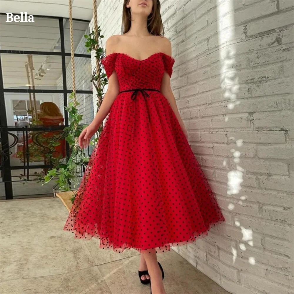 

Bella Red Tulle Prom Dresses Off the Shoulder A-line Wedding Dress Elegant Ankle-length Sleeveless Vestidos De Fiesta 2024