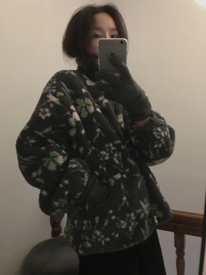 

Faionable Autumn Winter Floral Print Lamb Fur Trim Zipper ket Cotton Jaet Women's Anti-Aging Trendy Outerwear Coat