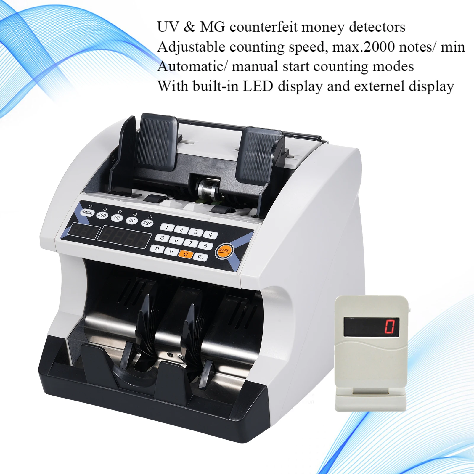 Nota de dinheiro automática multi-moeda, Money Bill Counter, máquina de contagem com UV MG Counterfeit Detector, exibição externa