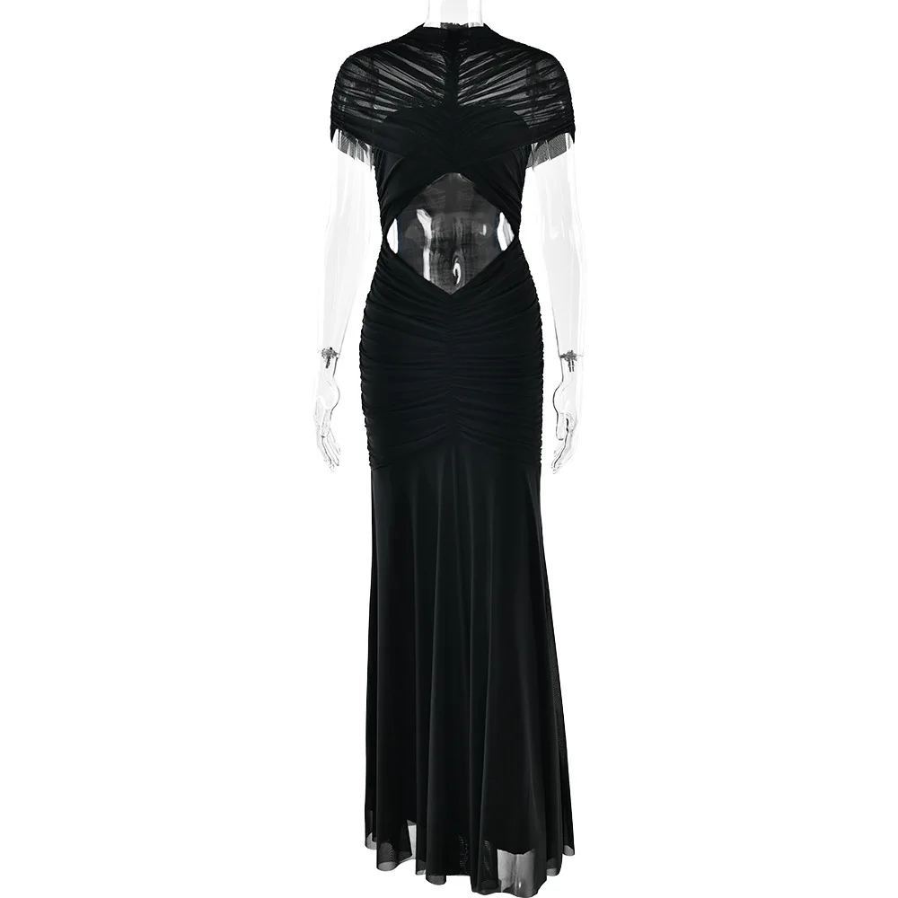 JULISSA MO Patchwork Sexy Hollow Out Sheer Mesh Dames Maxi-jurk Coltrui Jurk met ruches Lente Slanke elegante feestavondjurk