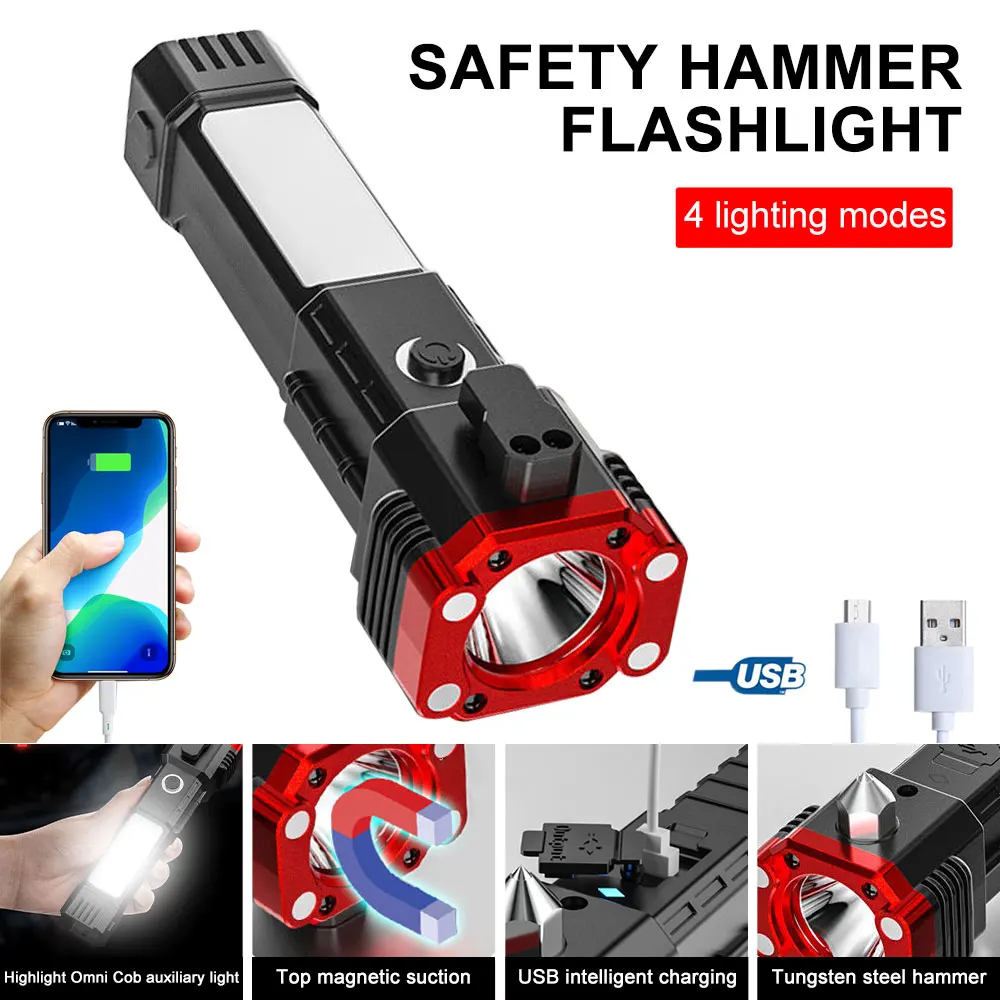 Multifunctional Flashlight Car Safety Hammer Power Bank COB Work Light Emergency Fire Self-defense Flashlight Rechargeable Torch