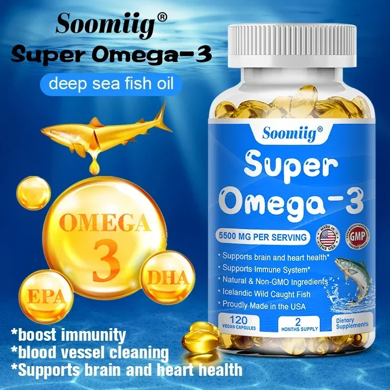 Super Omega 3 Fish Oil Capsules Support Brain & Cardiovascular & Skin Health, Antioxidant & Improve Memory，Nervous System Health