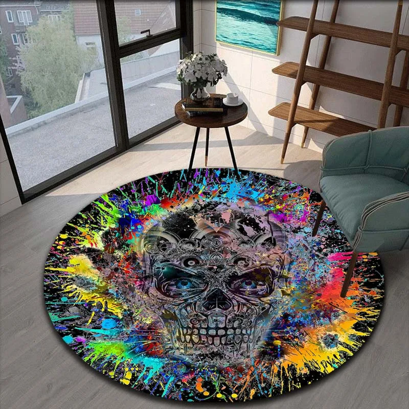 Skull Artwork Pattern Printed Round Area Rugs for Living Room Bedroom Doormat Kids Carpet Soft Non-slip Floor Mat Game Room Rugs