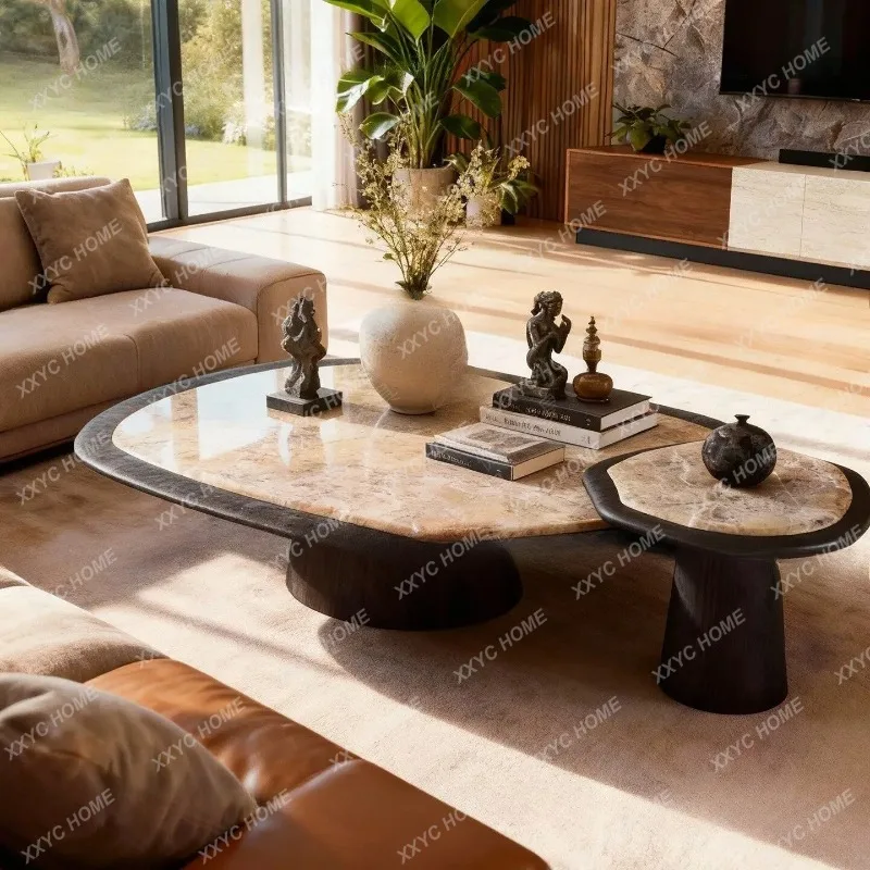 XXLuxury Natural Marble Round Coffee Table Set for Living Room Oval Movable Stone Nesting Tables