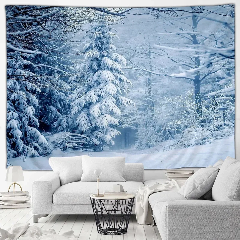 Winter Snowy Outdoor Landscape Tapestry Beautiful Forest Castle Home Patio Wall Hanging Art Deco Blanket Living Room Mural