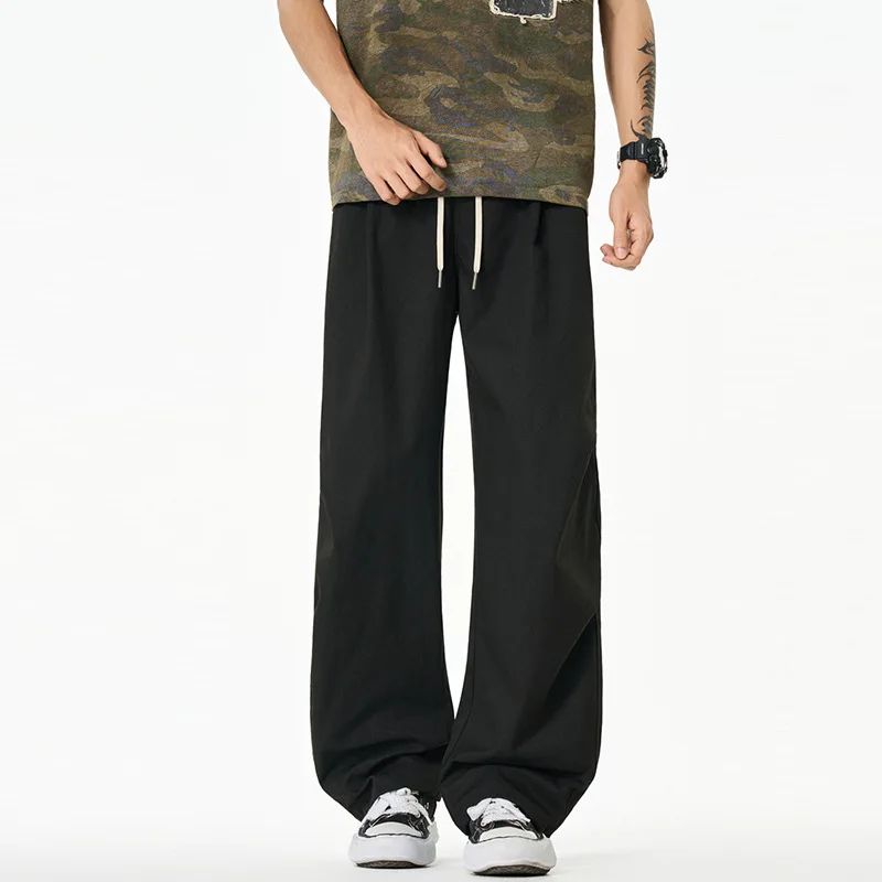 

Korean version Fashion Men's Solid Color Loose Simple Basic Daily Casual Trendy Drawstring Wide Leg Trousers Male Pants Clothes
