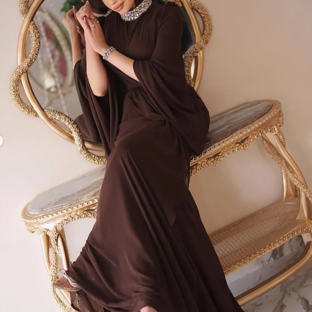 Customized Crystal Neck Muslim Evening Dresses Draped Flare Sleeve Mermaid Formal Vestidos De Novia Plus Size Long Maxi Outfits