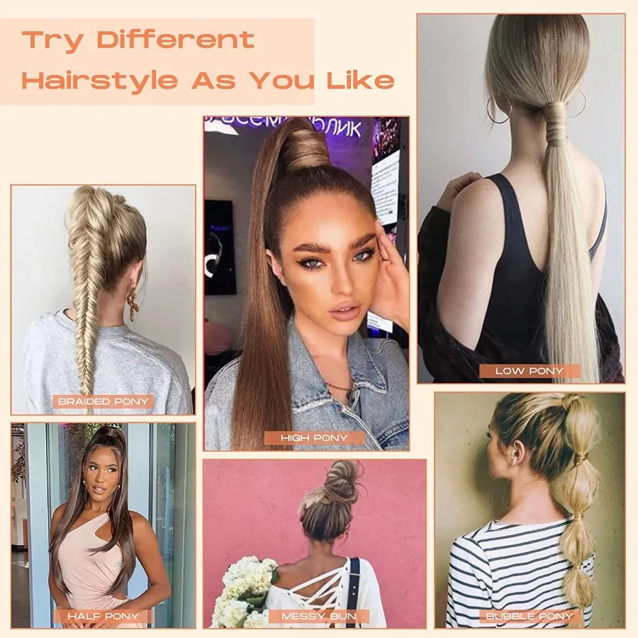Clipin-extensión de cola de caballo envolvente, cola de caballo larga y recta, postizo sintético suave Natural para mujer, 28 pulgadas, marrón, Rubio ceniza