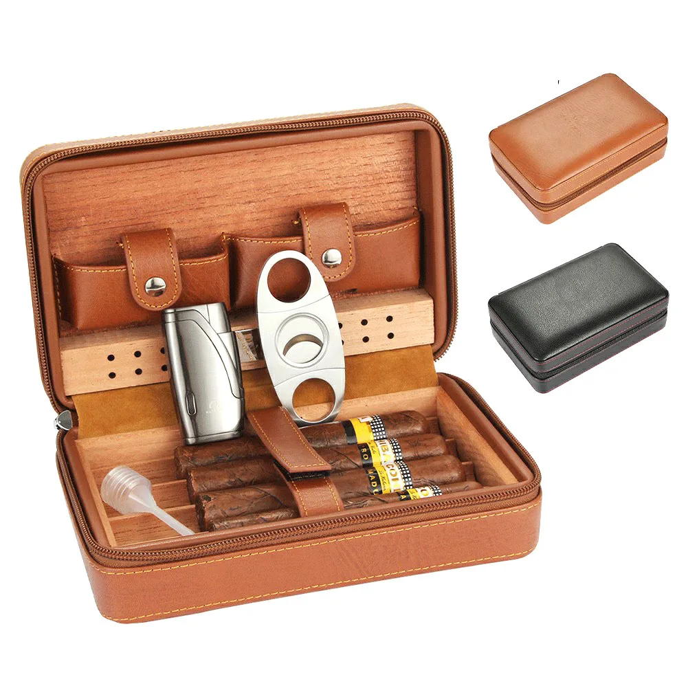 

Cigar Humidor Box Travel Leather Cigar Case Cedar Wood Cigar Humidor Box W Humidifier Cutter Lighter Puro Set Accessories