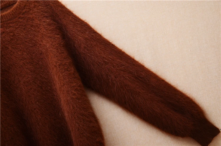 Female Women Autumn Winter Brown Hairy Mink Cashmere Knitted Long Sleeves O-Neck Loose Pullover Angora Fur Jumper Sweater Jumper