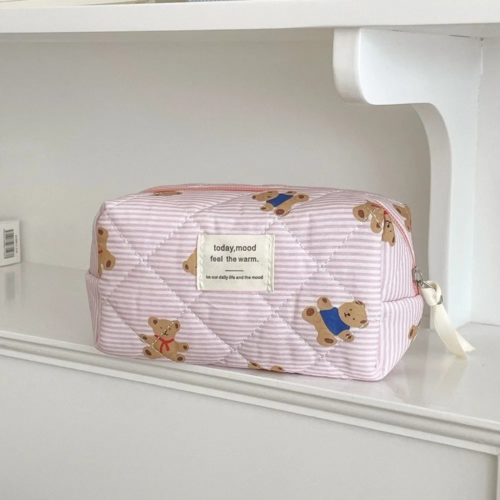 3PCS Multi-Layer Quilted Cotton Makeup Bag Soft Portable Toiletry Pouch Large Capacity Zipper Cartoon Cosmetic Organizer Travel