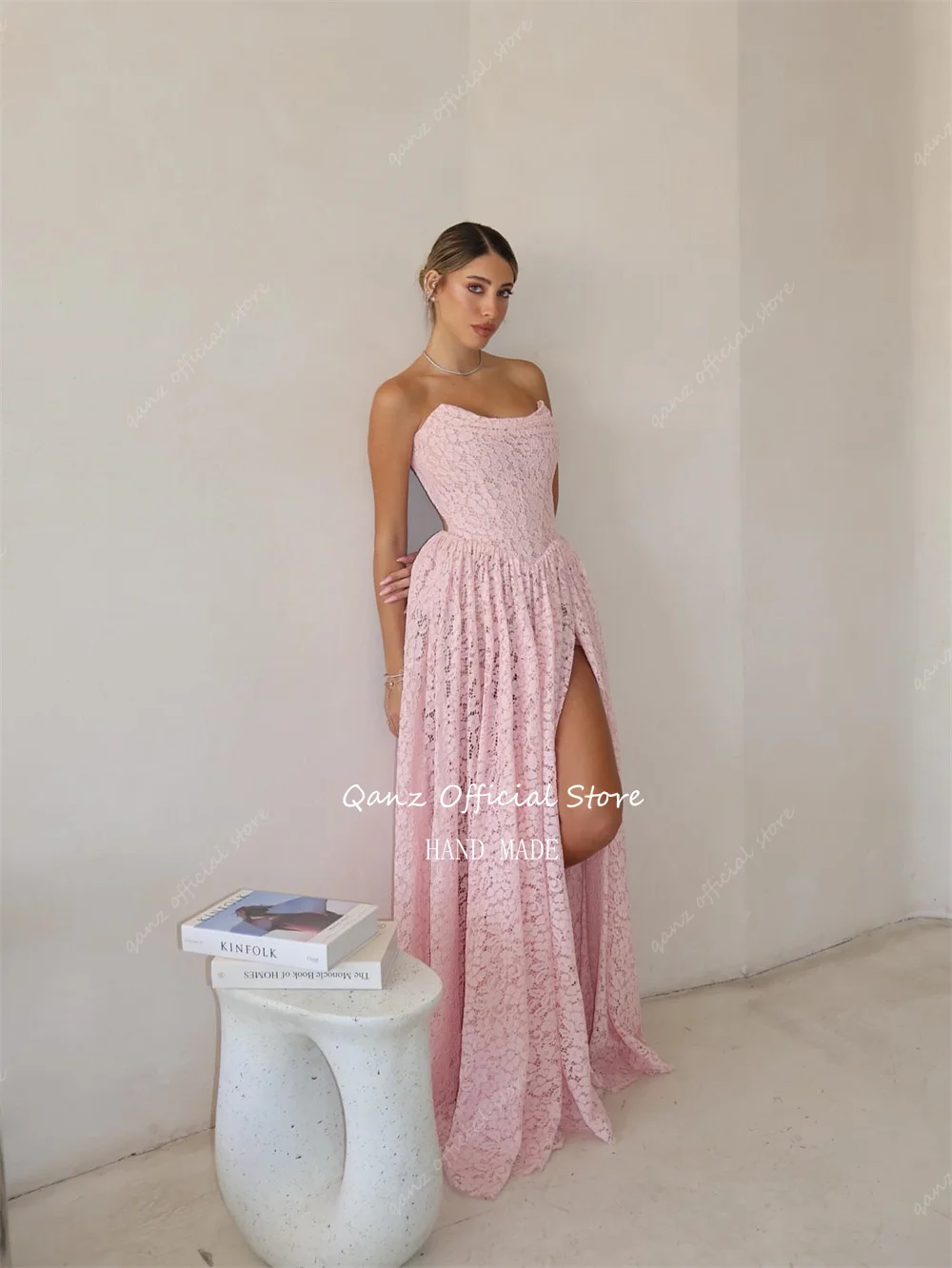 Qanz Exquisite Lace Appliques Prom Dresses Long A Line Pink High Side Slit Formal Dresses Evening Party Gown Woman Customized image 5