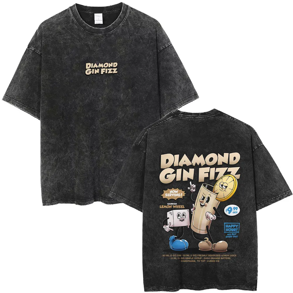 

Diamond Gin Fizz Cocktail Cartoon Funny Meme Washed Vintage T-shirt Men Women Casual Cotton T Shirts Male Fashion Oversized Tees