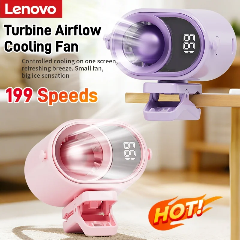 Lenovo USB Desk Fan Quiet Table Fan With Turbo Airflow 199 Speeds Digital Display Portable Hand Clip Fan Cooling Ventilador Fan