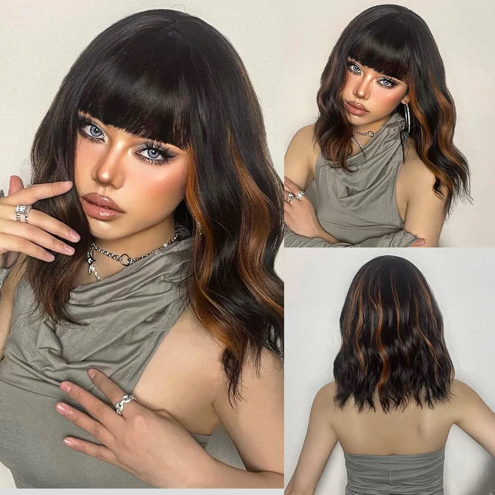 Graue gewellte Bob-Perücken für Damen mit Pony, kurze blonde Ombre-Synthetikperücke mit dunklen Wurzeln, natürliches Haar für den täglichen Gebrauch