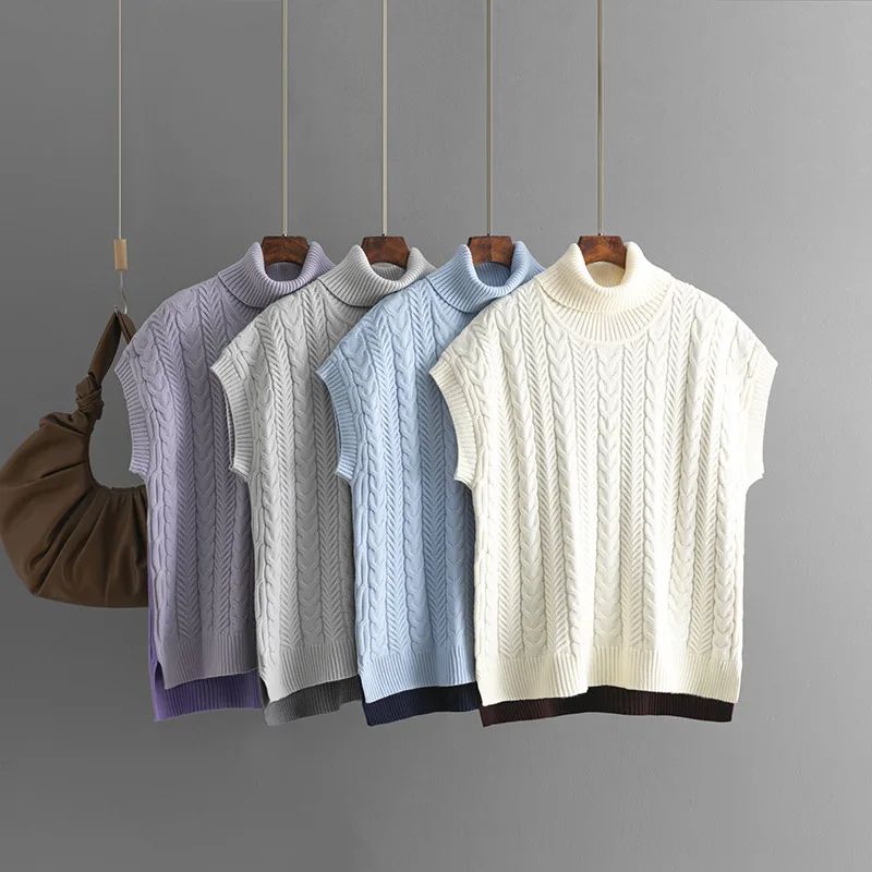

Autumn and Winter 2025 Fashionable Color Matching Sleeveless Fried Dough Twists Knitting Loose Pullover Sweater for Women
