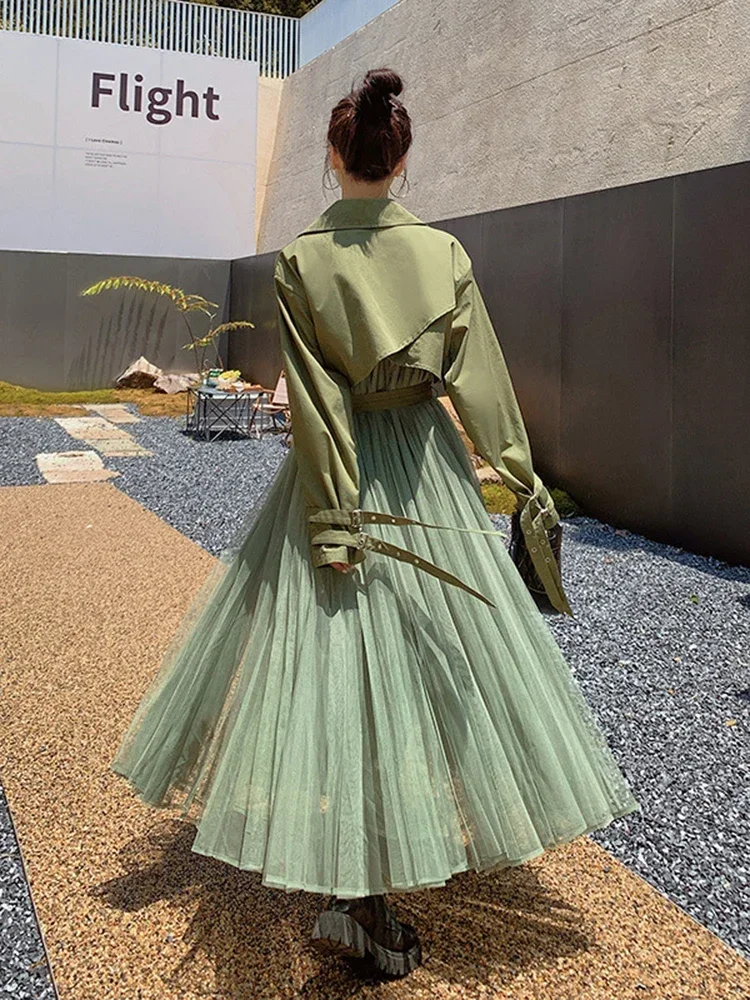 Fashion Sense of design Women's long windbreaker 2025 spring autumn new splice pleated gauze single breasted coat пальто