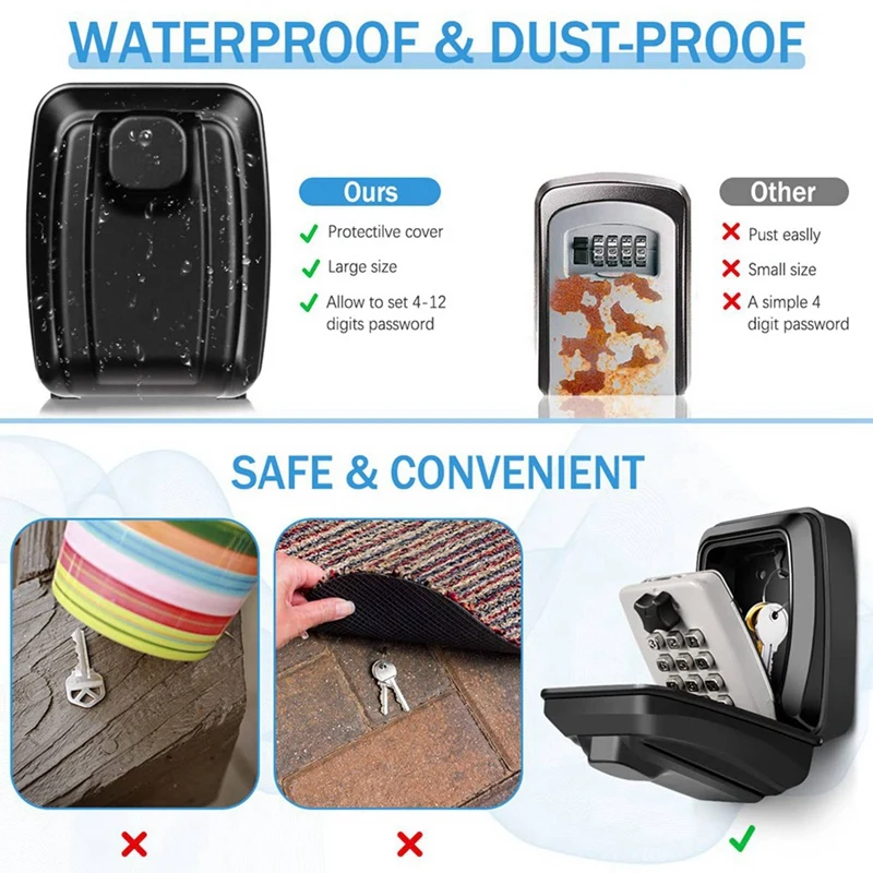 Wall Mounted Caixa Chave Grande, impermeável Caixa Chave Exterior, 12 Código, Rustproof, Heavy Duty, Secure, 2 Pcs
