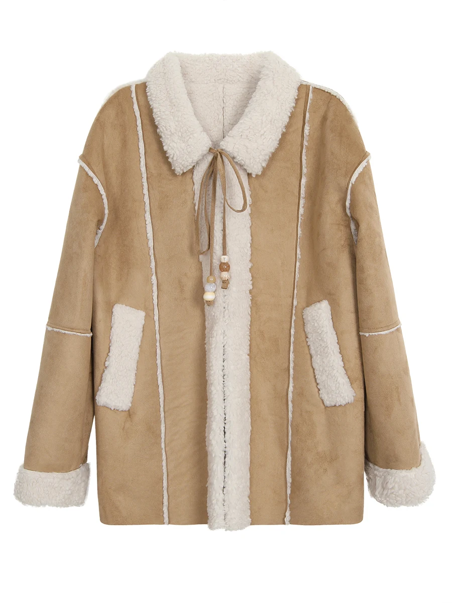 เสื้อแจ็คเก็ตหนังกลับสีแดงสำหรับผู้หญิง รุ่นฤดูใบไม้ร่วง-ฤดูหนาว แต่งขนเทียม สไตล์เกาหลี อเนกประสงค์ อุ่นสบาย ใช้เป็นเสื้อคลุมด้านนอกได้