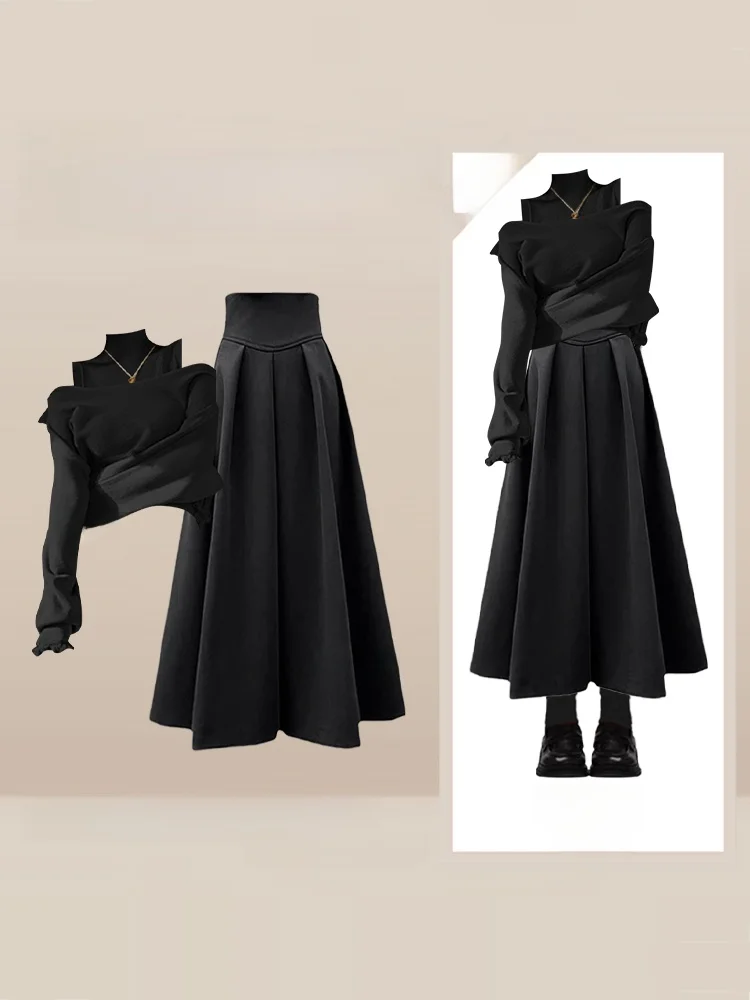 

Ретро-комплект из трех предметов: вязаный жилет с открытыми плечами, юбка с завышенной талией для женщин, осенний модный ансамбль