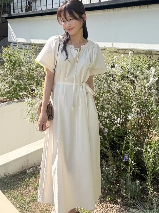 Vestido F Dongda Gate 2025 Verão Novo E Simples com Design de Gola Redonda Versátil Saia Longa Estilo ma...