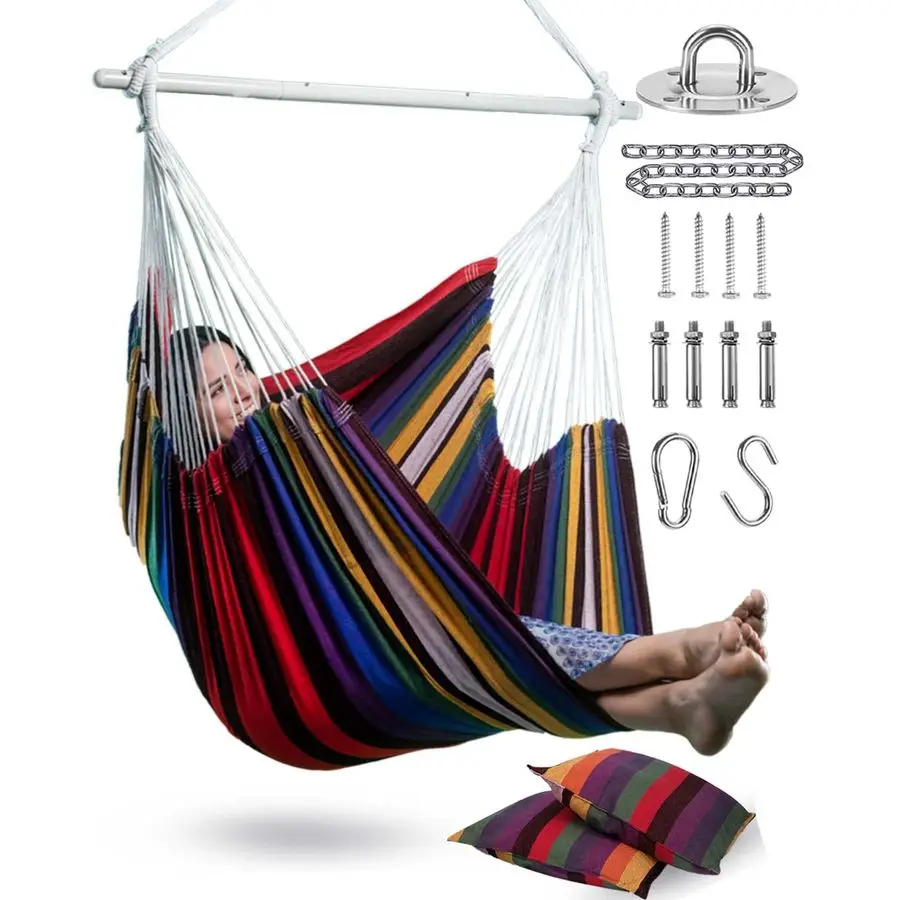 

Hammock Chair Hanging Rope Swing with 2 Cushions Max 500lbsPerfect for Patio, Porch, Bedroom, Backyard, Indoor or Outdoor Inclu