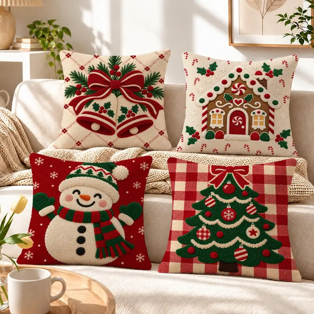 Tuft-Style Gingham Christmas Tree Motif Cushion Cover Soft Short‑Plush Pillowcase, Sofa Bedroom Home Decor, Holiday Gift