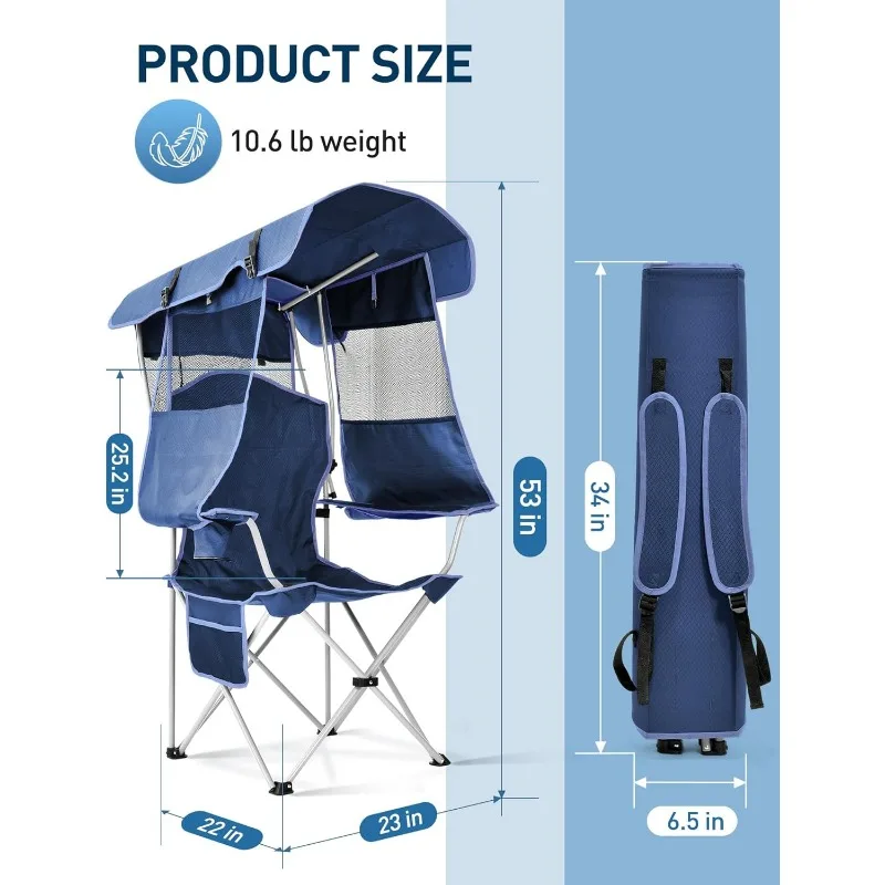 Beach Chair with Canopy Shade, Folding Camping Chair with Canopy with Cup Holder, Side Pocket