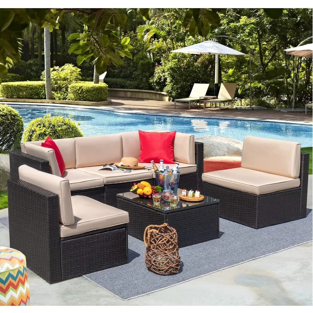 

Rattan Rattan Furniture Set, Outdoor Combination, Hand Woven Willow Terrace Set, Glass Table and Cushion, 6 Pcs