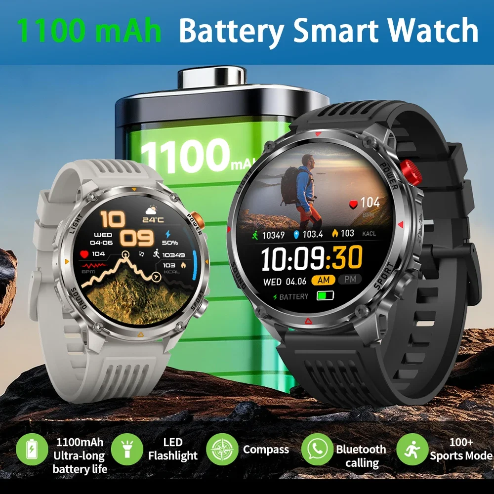 2026 New GPS Sports 1100mAh Smart Watch Men Outdoor Compass IP68 Waterproof Fitness Tracker Bluetooth Call Military Smartwatch