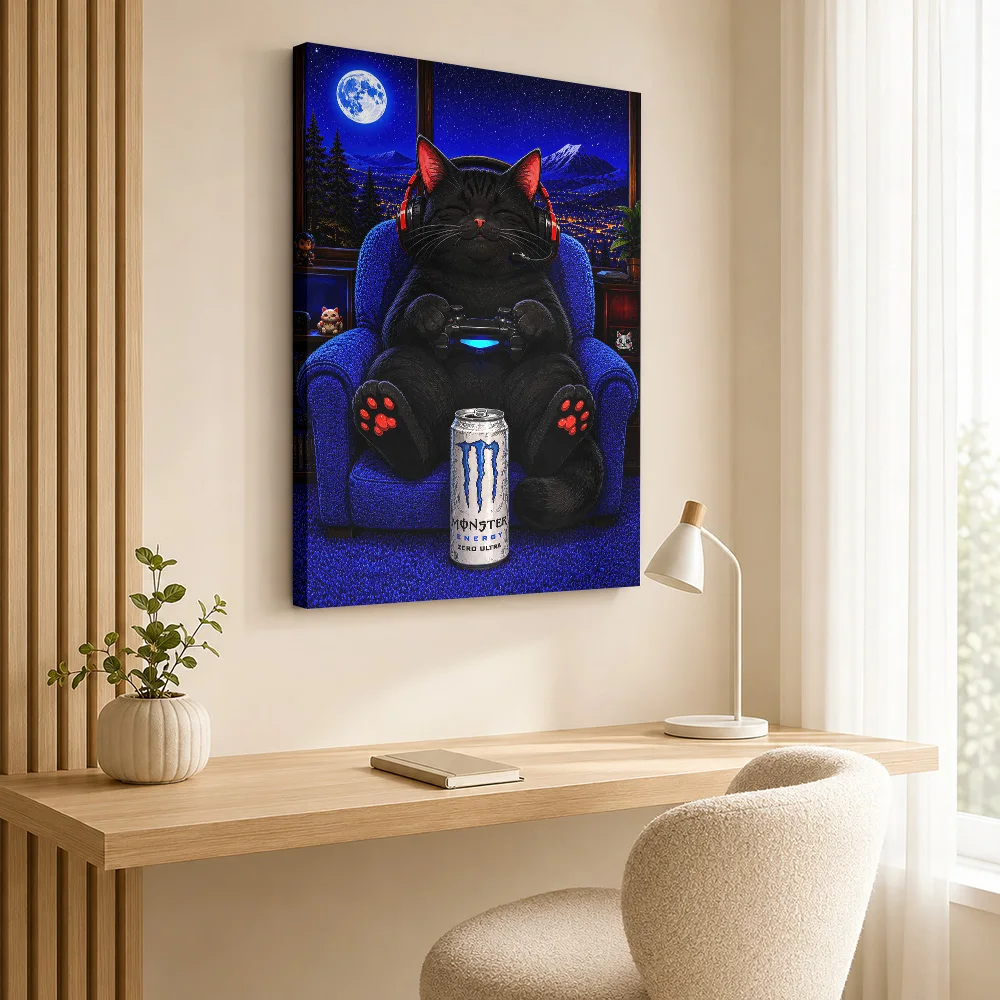Gamer Cat with  Drink Canvas Print Poster Custom Funny Animal Canvas Wall Art for Bedroom Decor Collectible Ready to Hang Gift