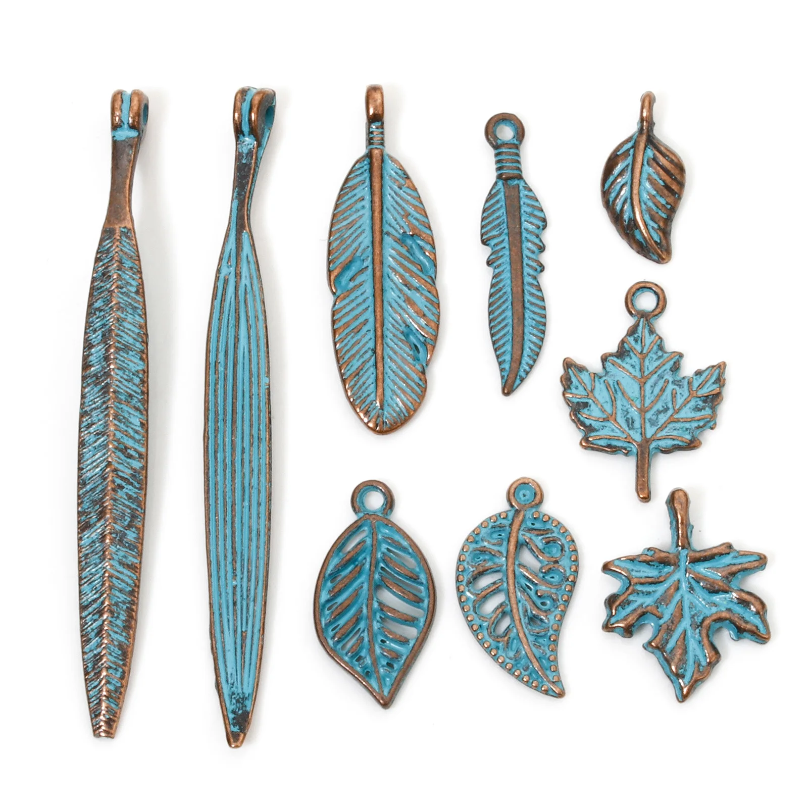 50/100 PCs Vintage Bohemia Charms Pendants Antique Copper Blue Leaf Feather Patina Pendants for Necklace Earrings Jewelry Making