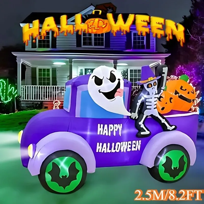 8FT Halloween Aufblasbare Spielzeuge Outdoor Dekorationen Geist Fahren Lkw Auto Skelett Kürbis Integrierte LEDs für Yard Party Decor