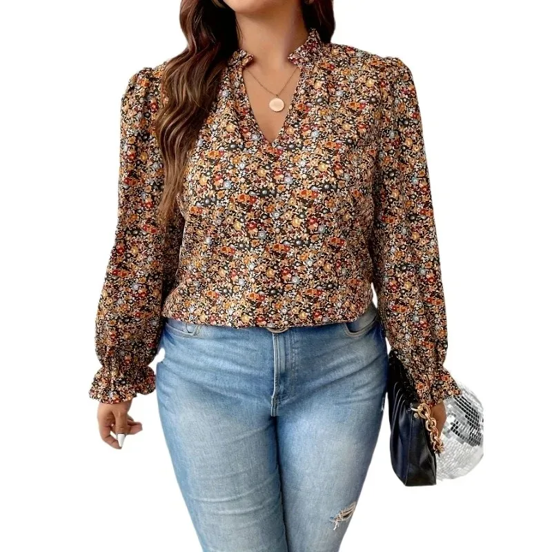 Plus Size 1XL-5XL Camicetta con maniche a balze con stampa floreale Ditsy casual delle nuove donne Camicia a maniche lunghe con scollo a V moda donna