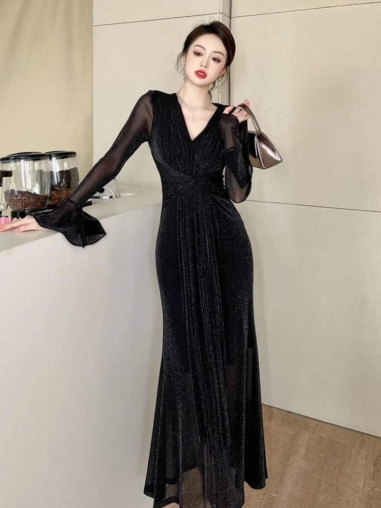 

Новинка Весна 2026: Французское платье с V-образным вырезом, узлом-перекрутом, расклешенными рукавами, облегающее, длинное, в стиле «Богиня» ​