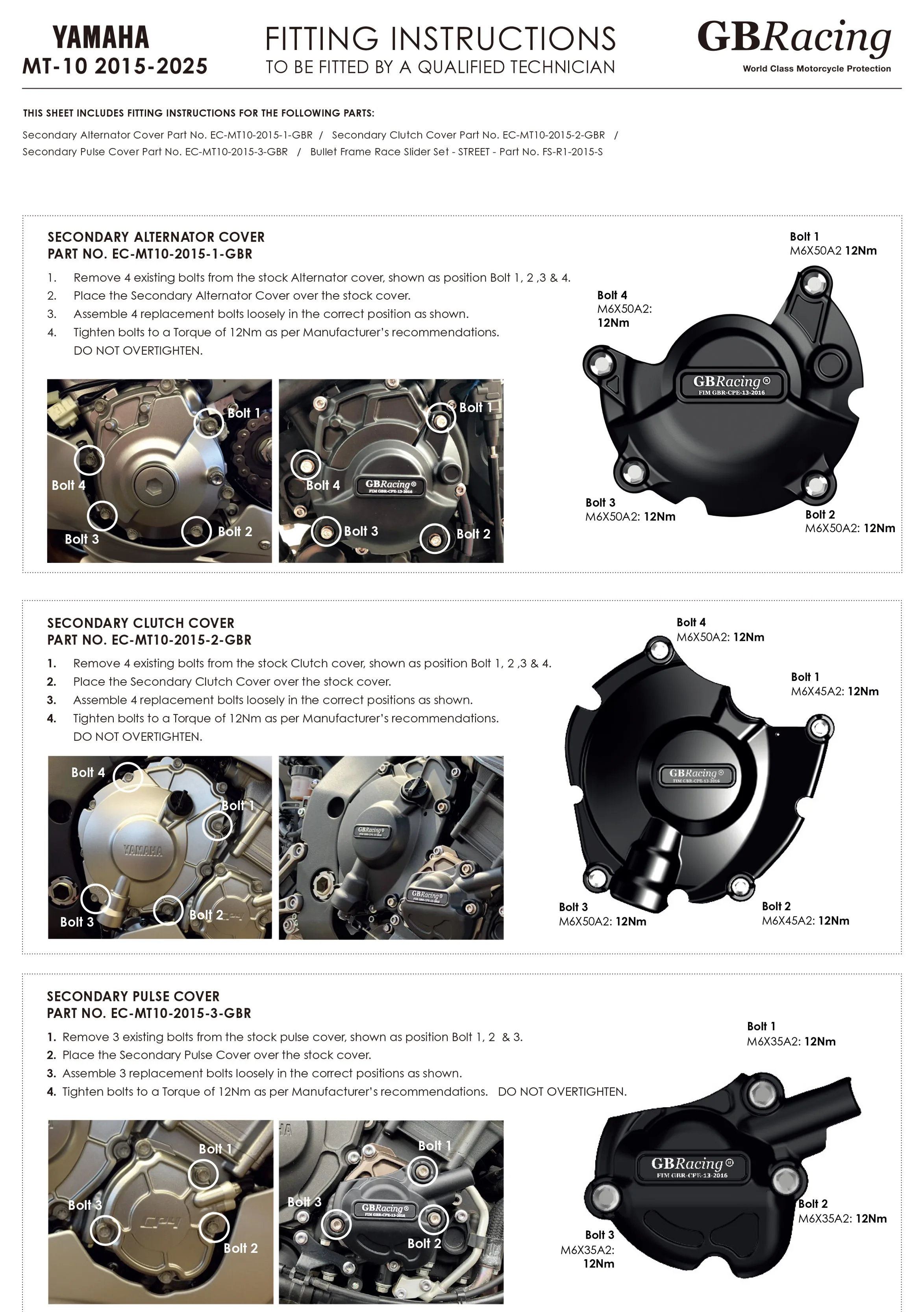 اكسسوارات الدراجات النارية Gbracing لياماها MT-10 2015-2025 Gbracing محرك حماية يغطي المولد + القابض + نبض 3 قطعة عدة #2