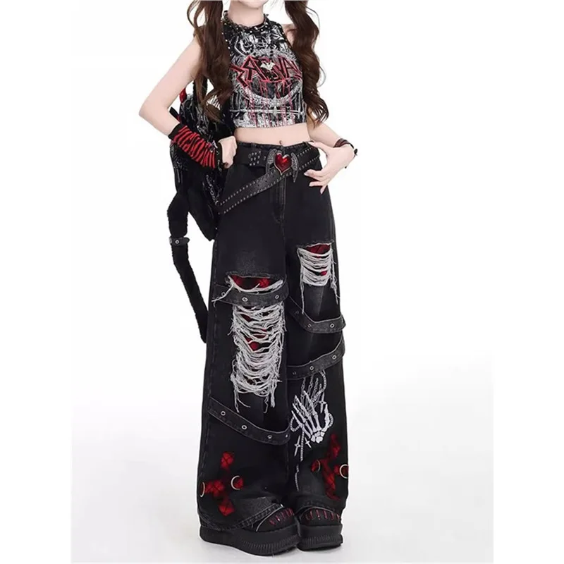 미국 Y2K 고딕 힙합 홀 빈티지 청바지 여성 하이 스트리트 트렌드 배기 워싱 오버롤 벨트 스플라이싱 와이드 레그 팬츠