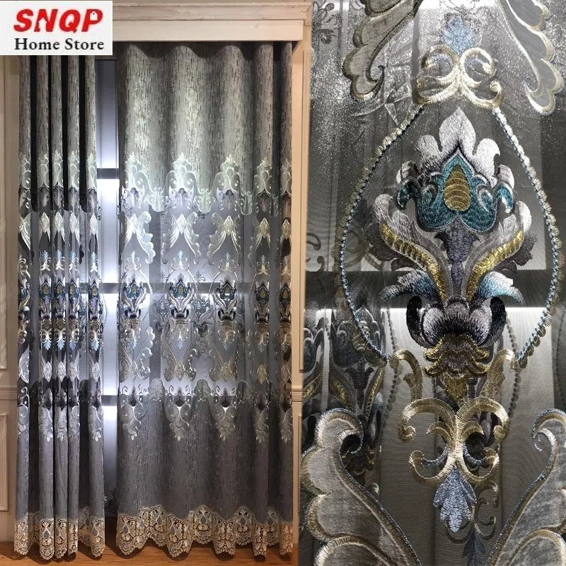 

Custom Size Luxurious European Chenille Curtains for Living Room Bedroom Dining Embroidery Hollow Grey Tulle Retro Classic Decor