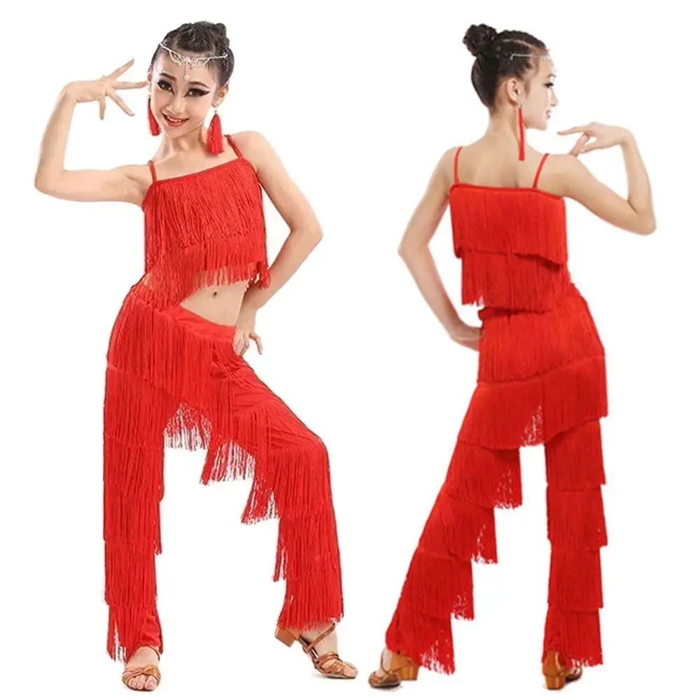 Mode Kwastje Kids Latin Dans Broekpak Broek Cha Cha Ballroom Dans Kostuum Professionele Rumba Samba Kostuum Kinderen Meisjes