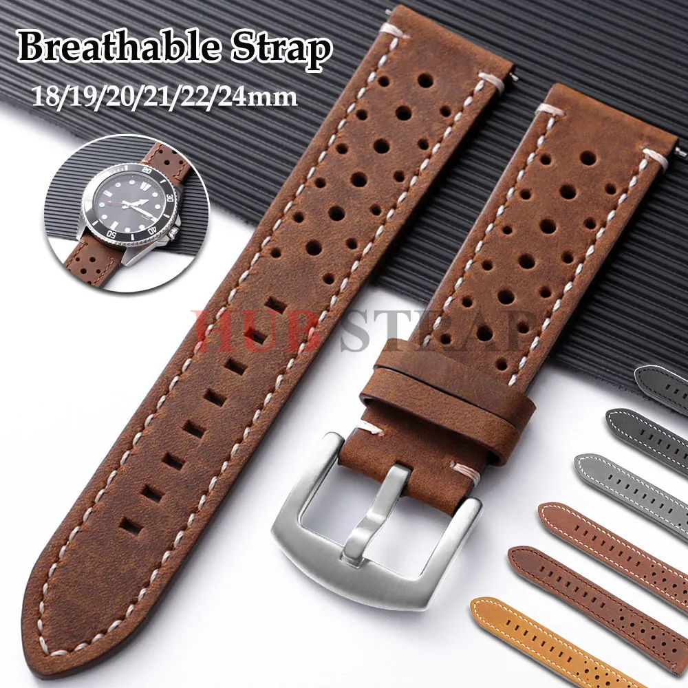 18mm 19mm 20mm 21mm 22mm 24mm Quick Release Breathable Porous Watch Band Handmade Cowhide Leather Strap Vintage Brown Wristband