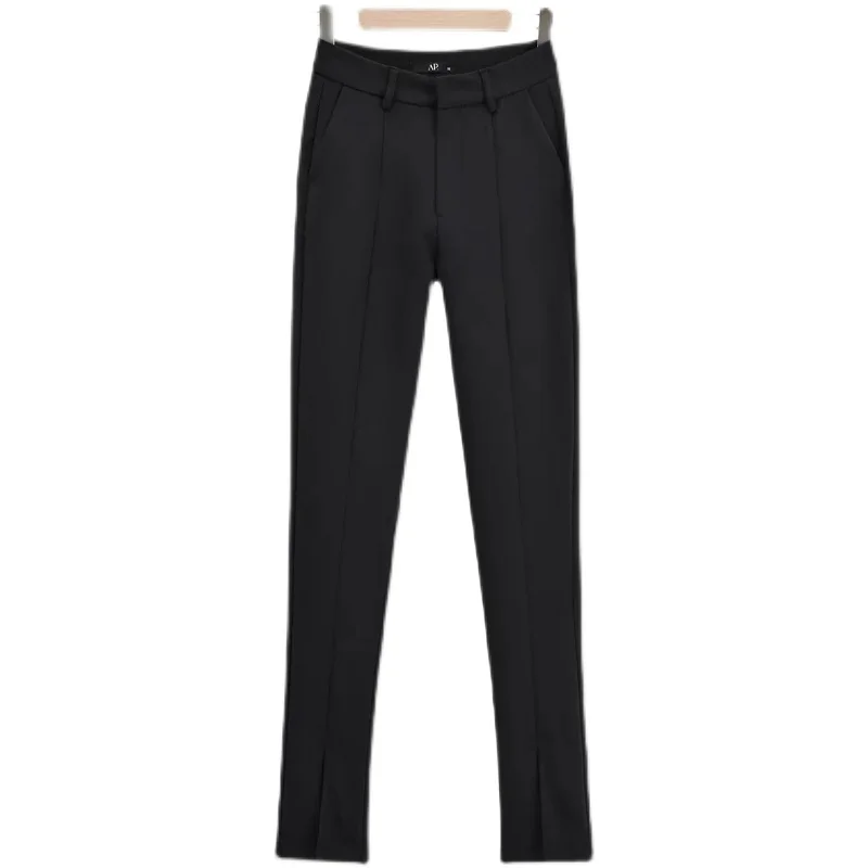 التخسيس عالية الخصر مستقيم الساق دعوى السراويل الأمريكية Sle Bla الجبهة سبليت عارضة السراويل للنساء العصرية تخفيف Faion #5